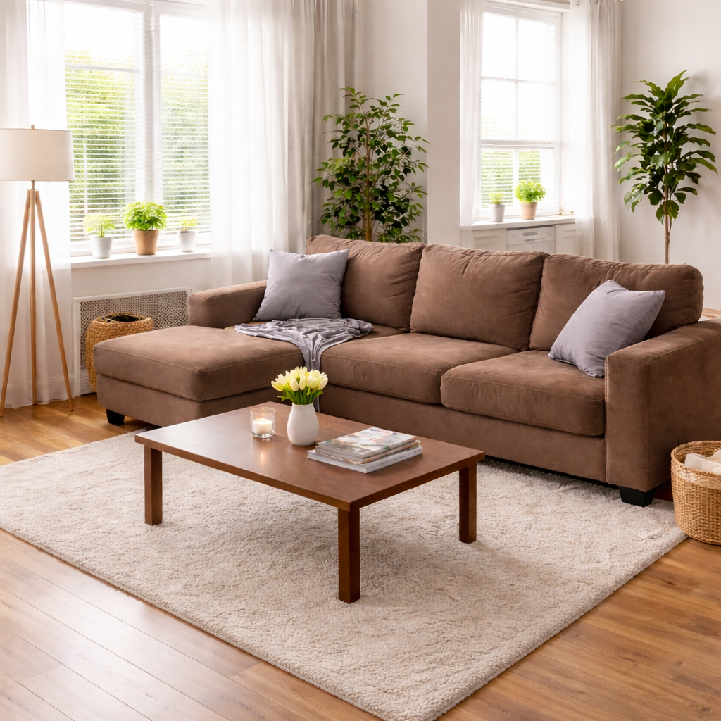 Freshly cleaned living room with organized furniture and bright natural light