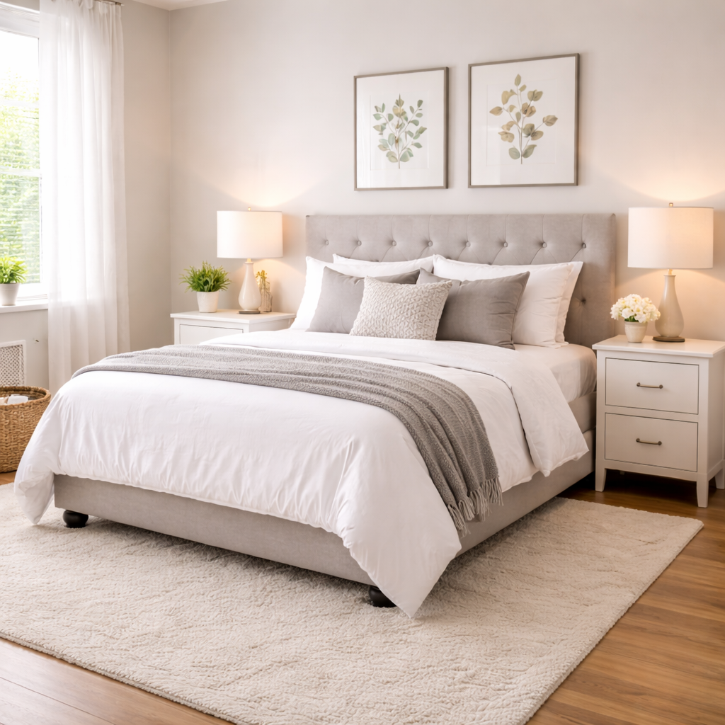 Bedroom with freshly made bed and vacuumed floors after cleaning