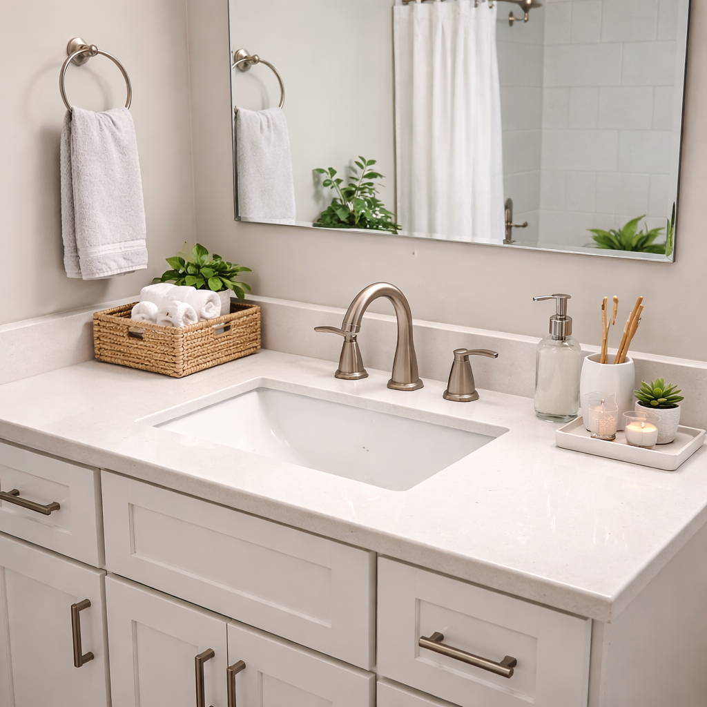 Clean bathroom sink, mirror, and countertop after professional cleaning
